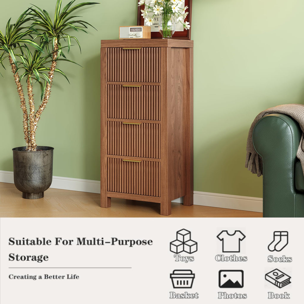 Mid-Century Fluted 8 Drawers, Modern Wooden Tall with Smooth Metal Handles, Storage Chest Clothes Organizer, Walnut