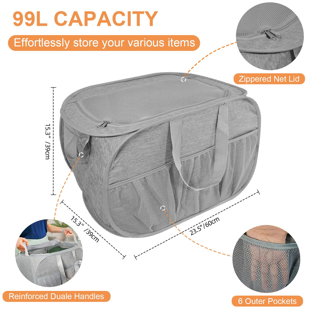 Collapsible Laundry Baskets with Lid, Foldable Laundry Basket with Pockets, Pop Up Laundry Hamper with Dual Handles