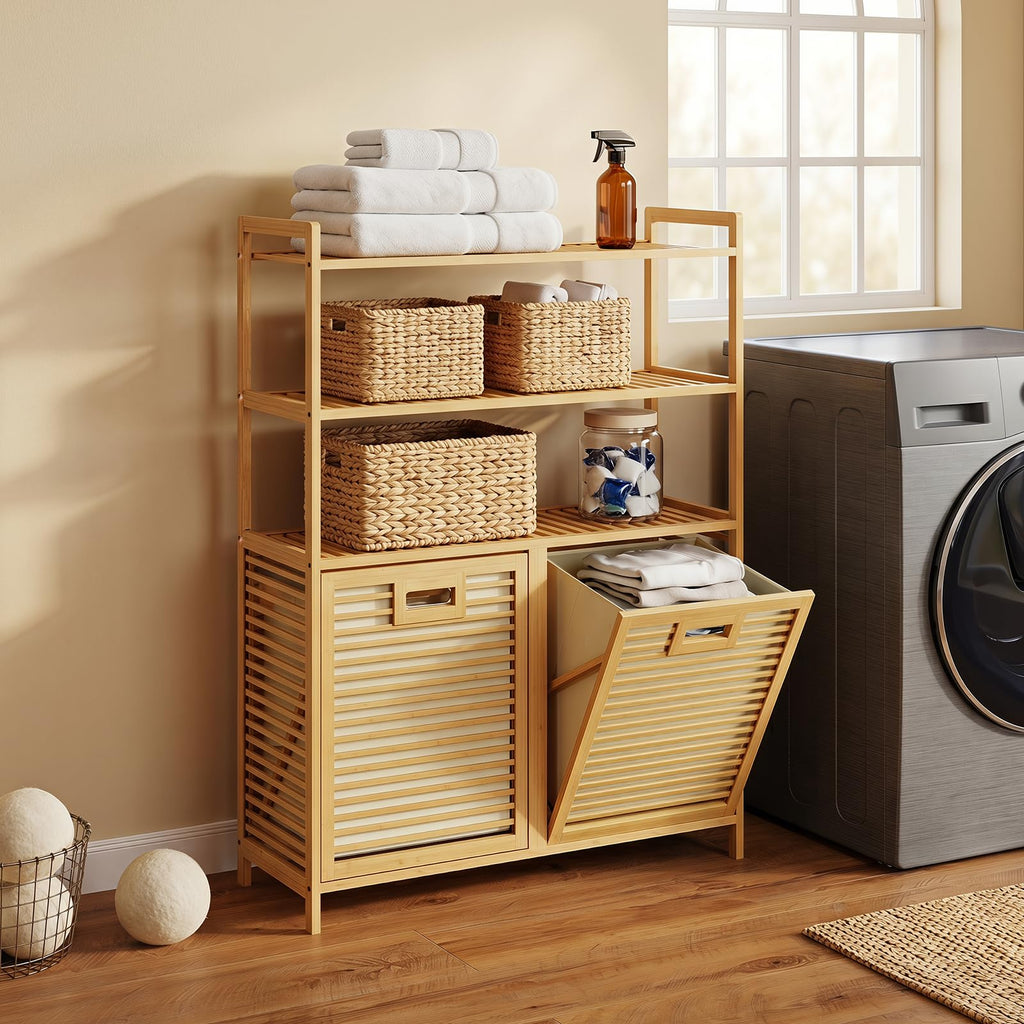 Bamboo Double Tilt Out Laundry Hamper Cabinet with Shelves
