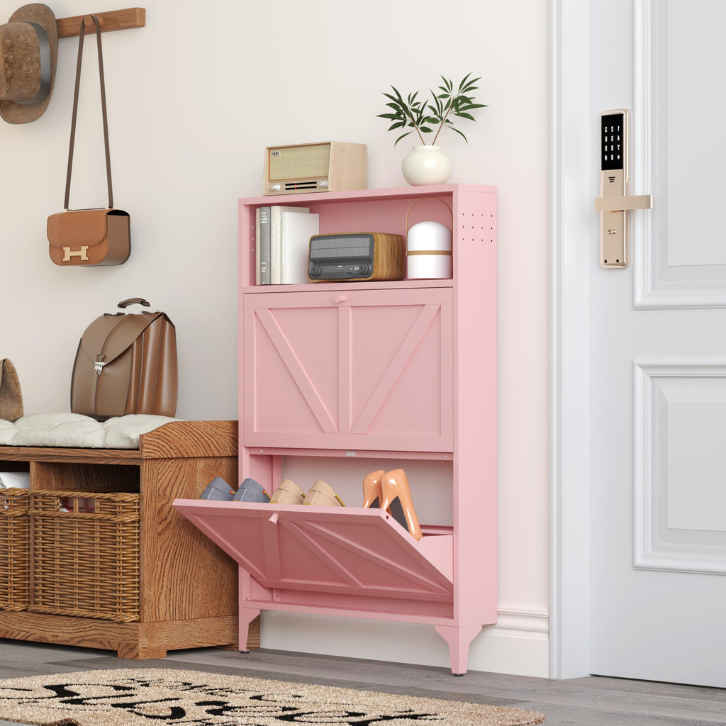 Shoe Storage Cabinet with 2 Flip Drawers, Freestanding Shoe Organizer with Legs, Farmhouse Narrow Shoe Storage Cabinet