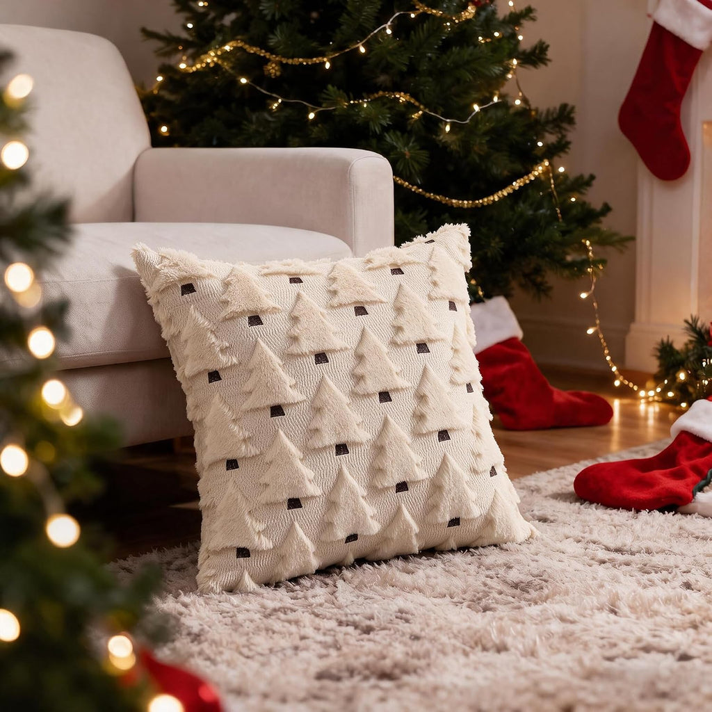Christmas Throw Pillow Covers 18x18 inch, Beige Xmas Tree Holiday Winter Living Room Soft Fluffy Plush Faux - Set of 4