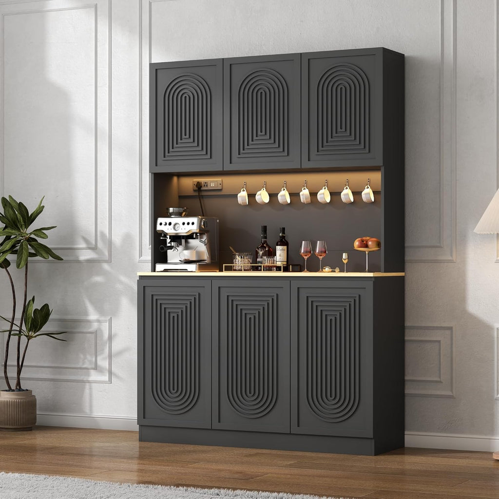 71" Black Kitchen Pantry with Power Outlet & LED Light, Large Kitchen Hutch Cabinet with Adjustable Shelf, Modern