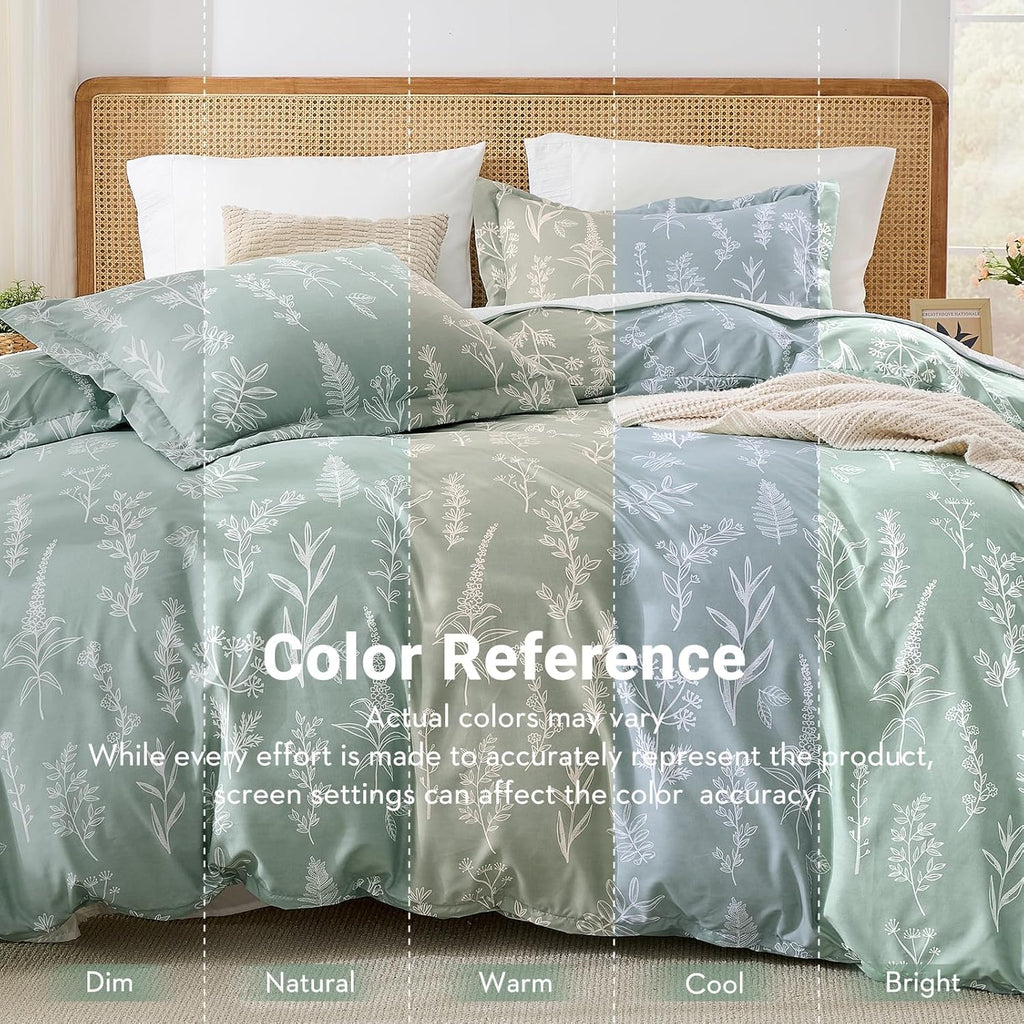 Duvet Cover King, Reversible Floral Green Duvet Cover Set with Zipper Closure, 3 Pieces Botanical Patterns Soft