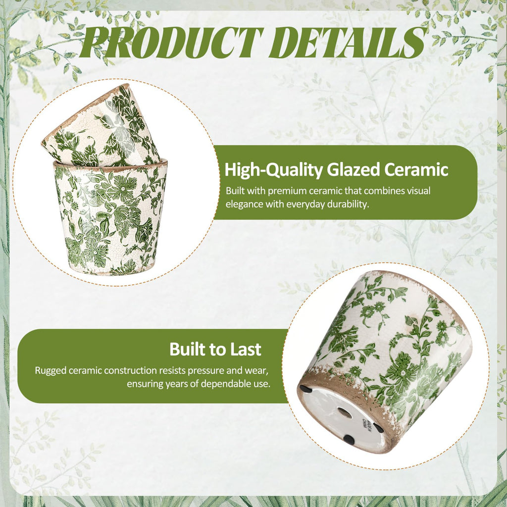2 Pcs Farmhouse Ceramic Planters Gifts Set 5.1"x 5.5" Christmas Vintage Flowers Pots Green Ice Crackle Glazed Plants