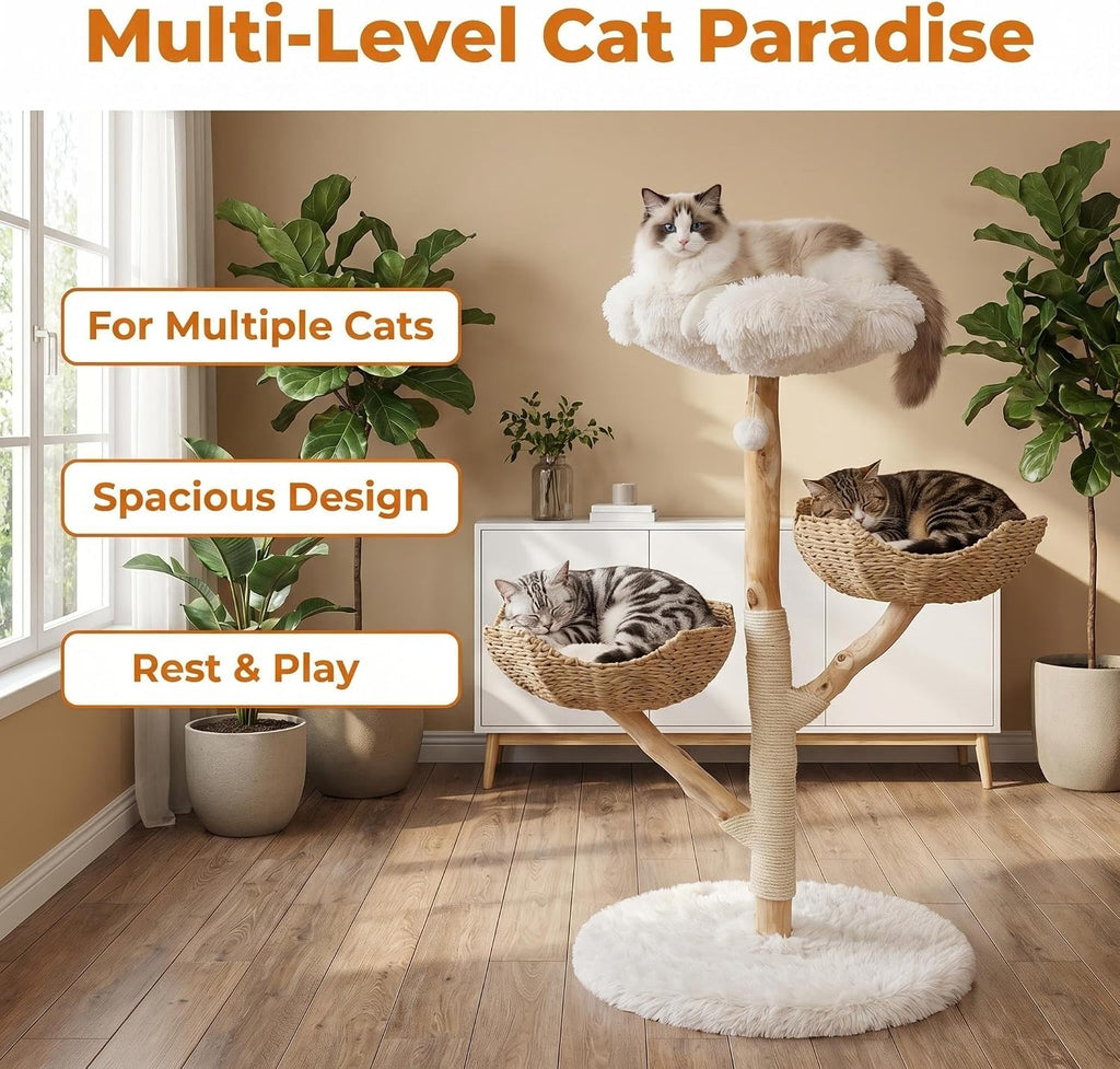 Modern Cat Tree Tower, 45" Wooden Cat Tree for Indoor Cats Large Adult, Real Solid Luxury Cat Condo with Scratching