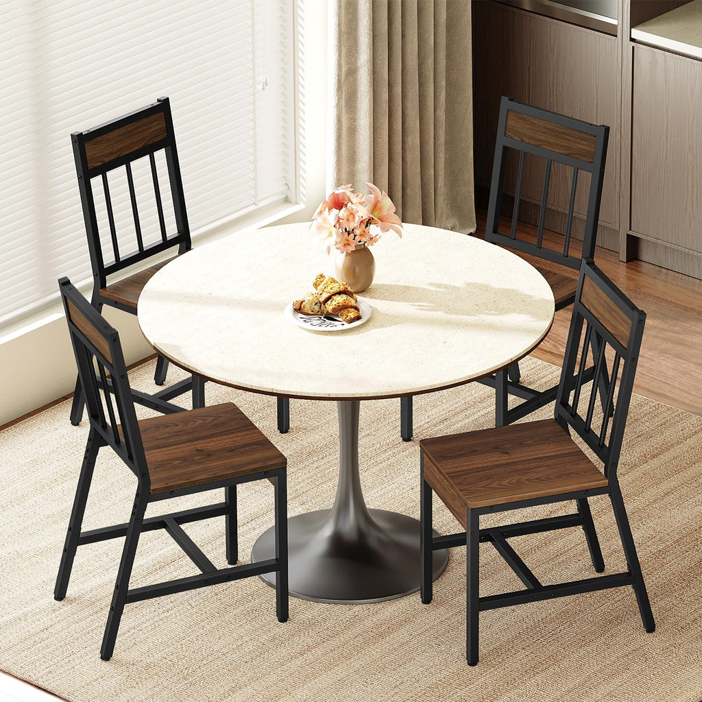 Dining Chairs Set of 4, Kitchen Chairs with Metal Frame, Slanted Back, Industrial Dining Chair Set, Dark Walnut and