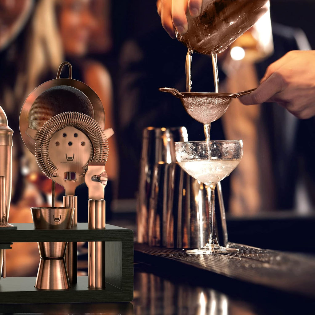 Bartender Kit with Espresso Bamboo Stand. Beautiful Cobbler Cocktail Shaker Set with Bar Tools Rustproof Stainless - Set of 13