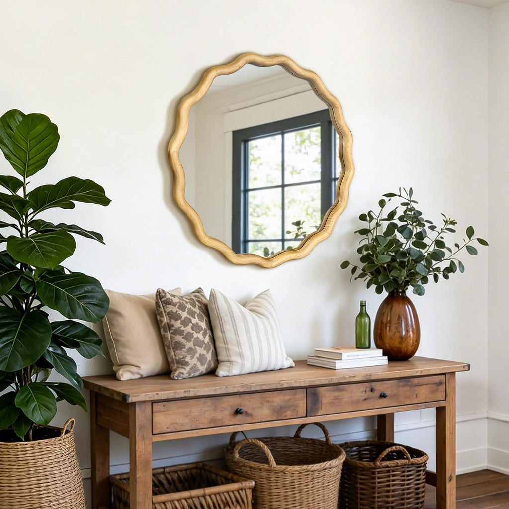Round Wavy Wall Mirror, 24" Circle Boho Scalloped Mirror
