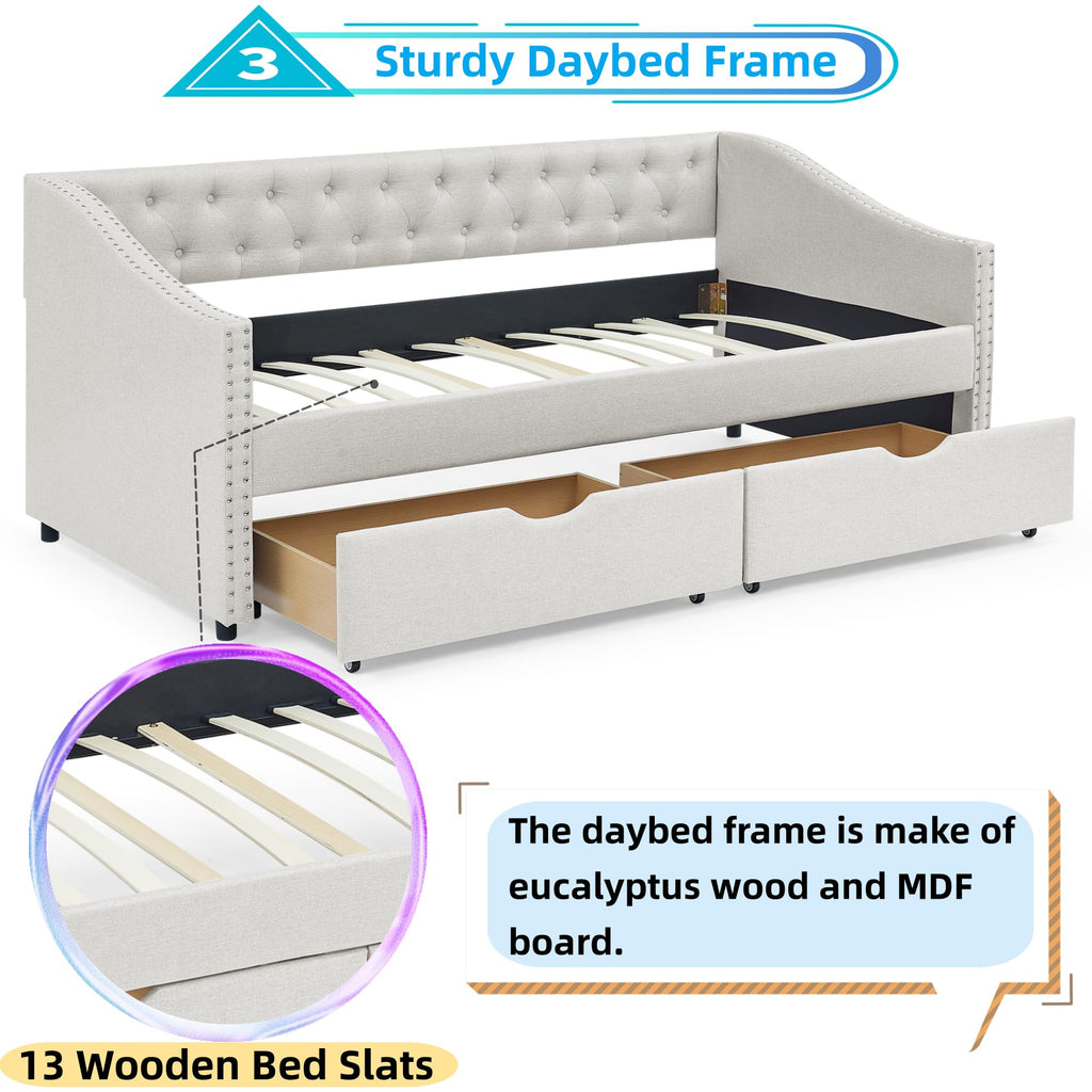 Linuque Upholstered Queen Size Daybed with 2 Storage Drawers, Solid Wood Sofa Bed Frame with Button Tufted Backrest