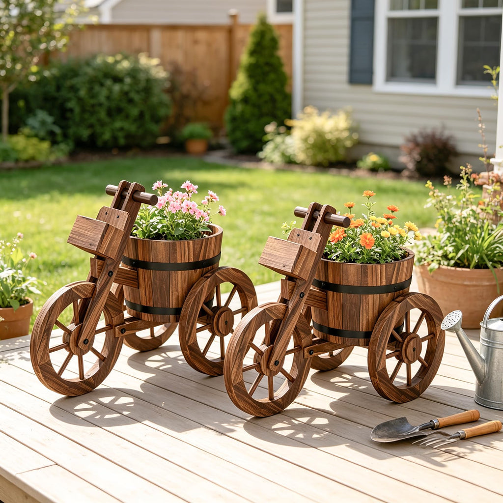 Outdoor Planter, Rustic Barrel Planter, Wood Wagon Tricycle Planters