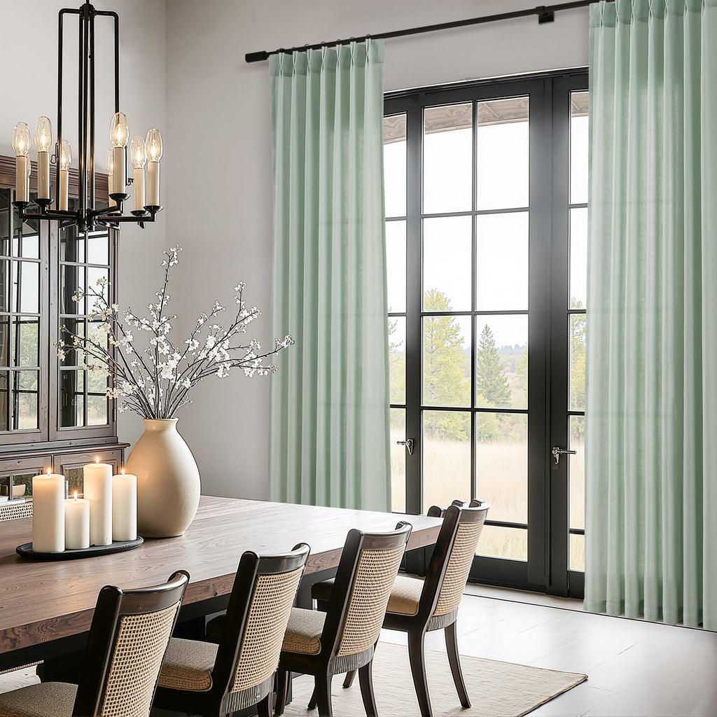 Pinch Pleat Linen Curtains 90 Inches Long Bedroom Semi Sheer Light Filtering Back Tab Aqua Green Rustic Farmhouse