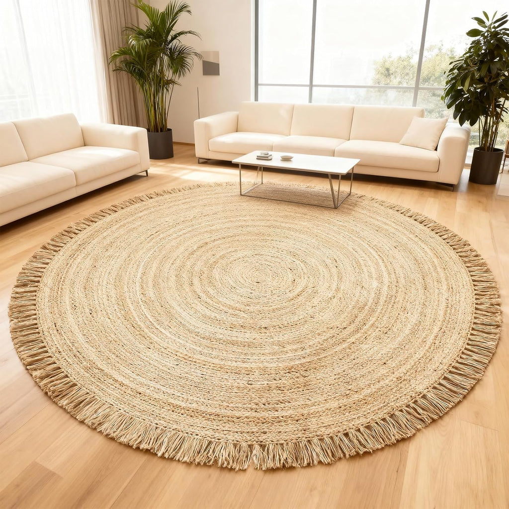 Hand Woven Jute Round Rug, Natural, Reversible Boho Entry Area Rugs