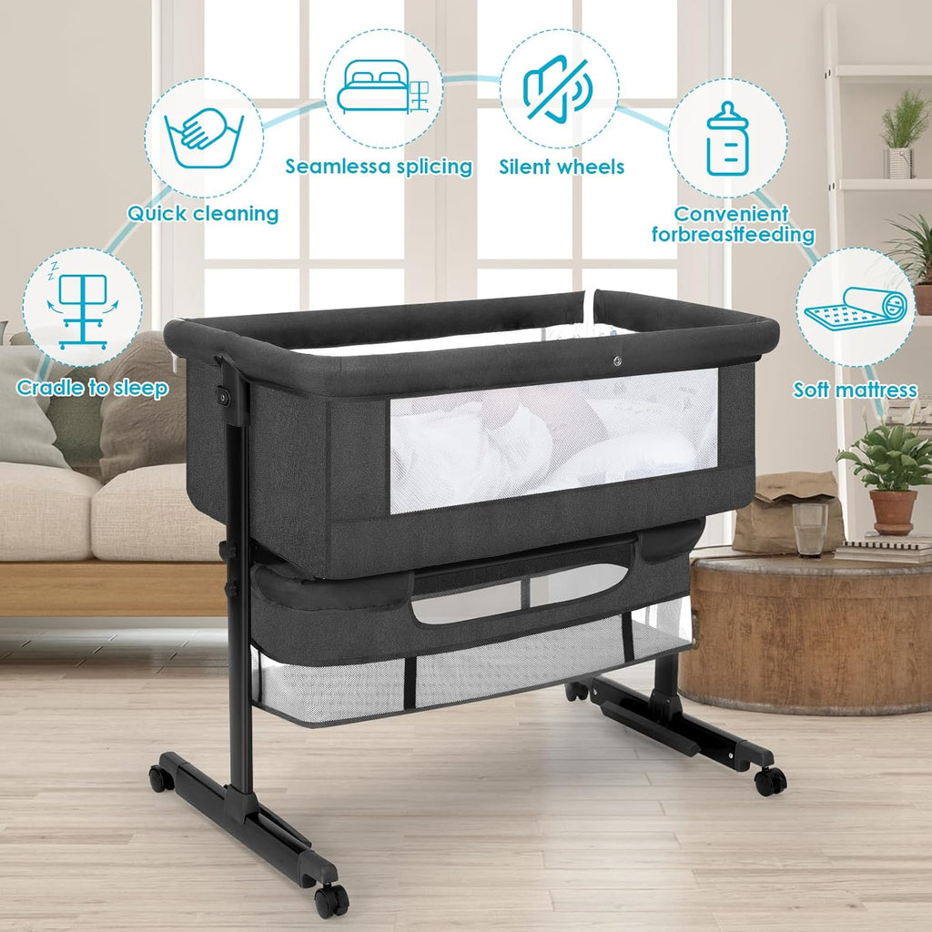 Baby Cradle, Freestanding Bedside Bassinet, 3-in-1 Convertible Bassinet with 360° Swivel Wheels, 2026 New Model