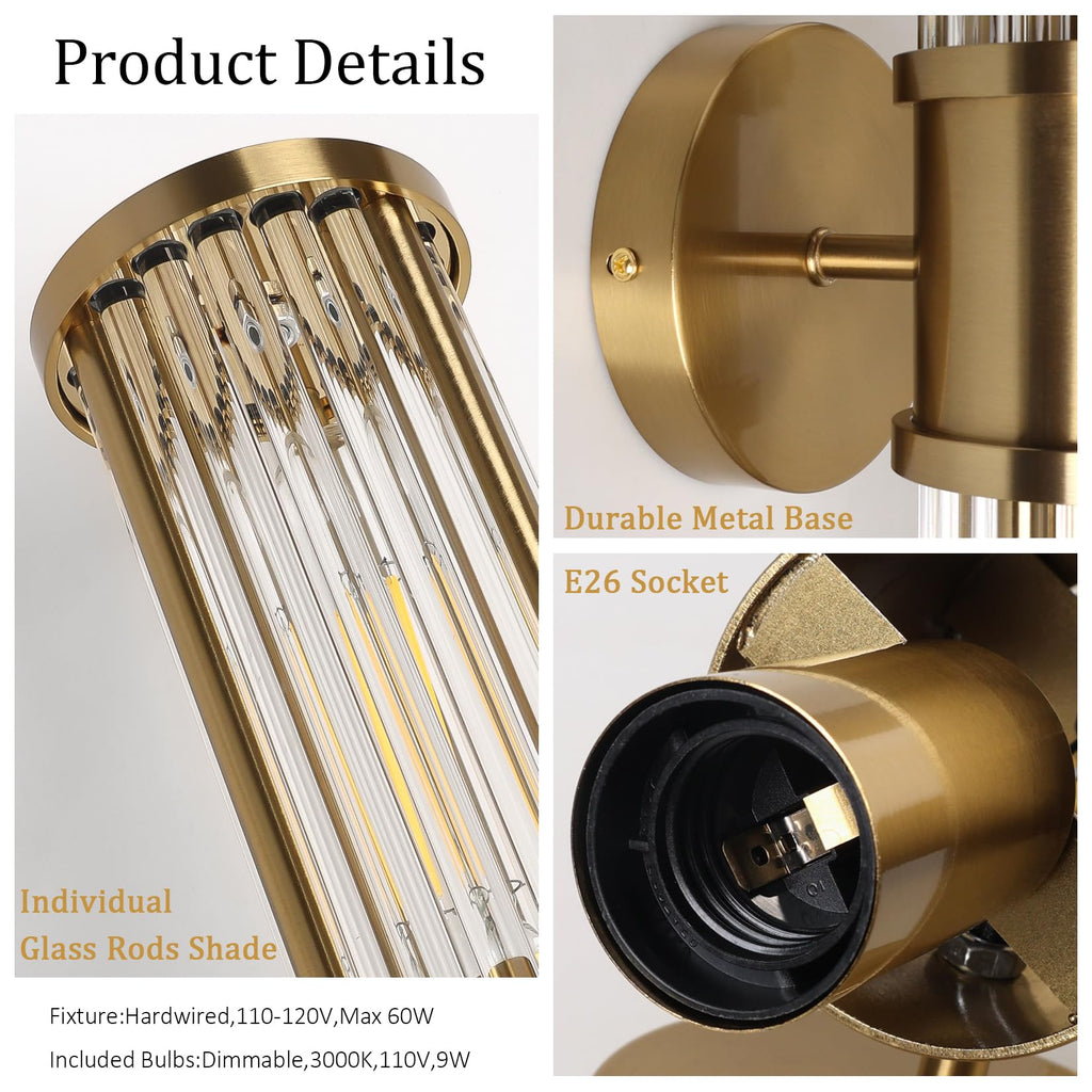 Hardwired Wall Sconce Brushed Brass Modern Gold Bathroom Sconce
