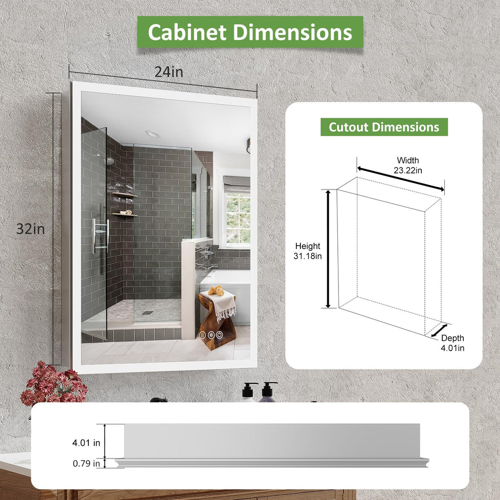 Medicine Cabinet with Lights, Bathroom LED Mirror Cabinet with Storage, Anti-Fog & 3 Color Lights, Recessed or Wall