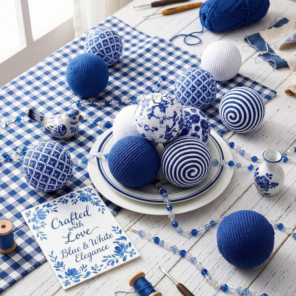 White and Blue Decorative Balls, Chinoiserie Porcelain - Set of 12