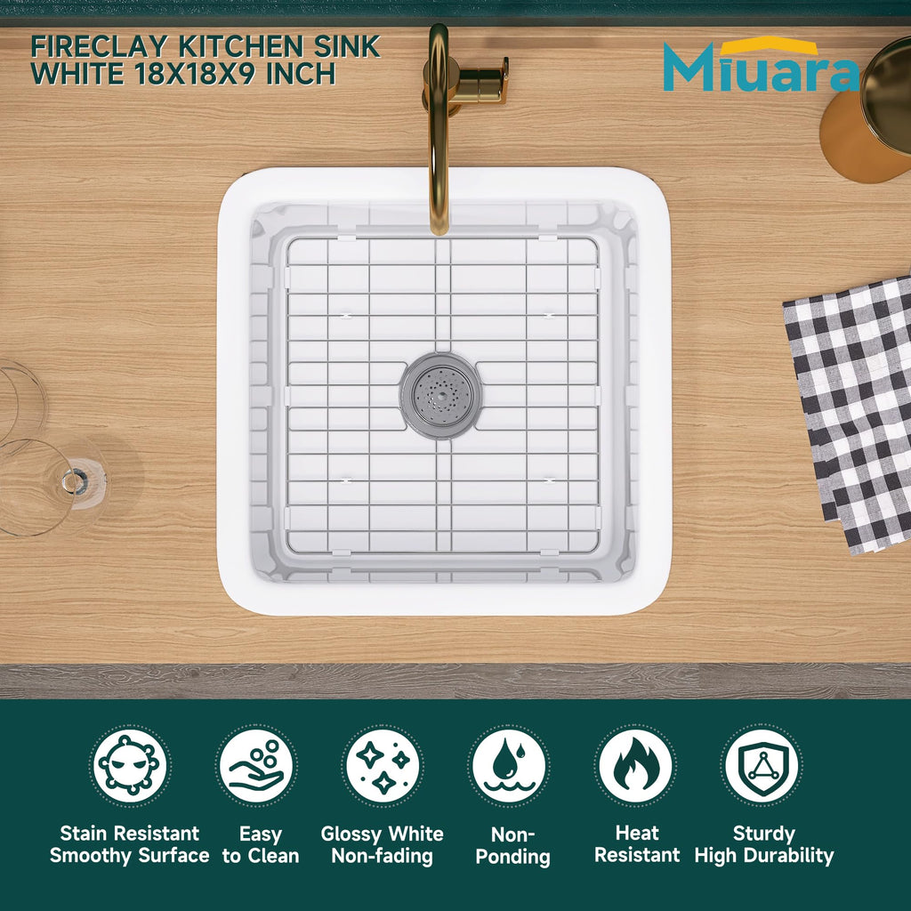 18 x 18 Inch Undermount or Drop In Fireclay Bar Sink White