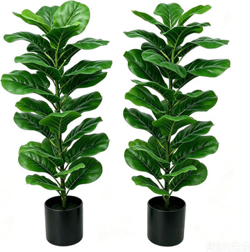 40'' Faux Fiddle Leaf Fig Trees, Faux Trees Indoor Floor Plant, Fake Trees with Green Turf, Faux Plants Indoor - Set of 2