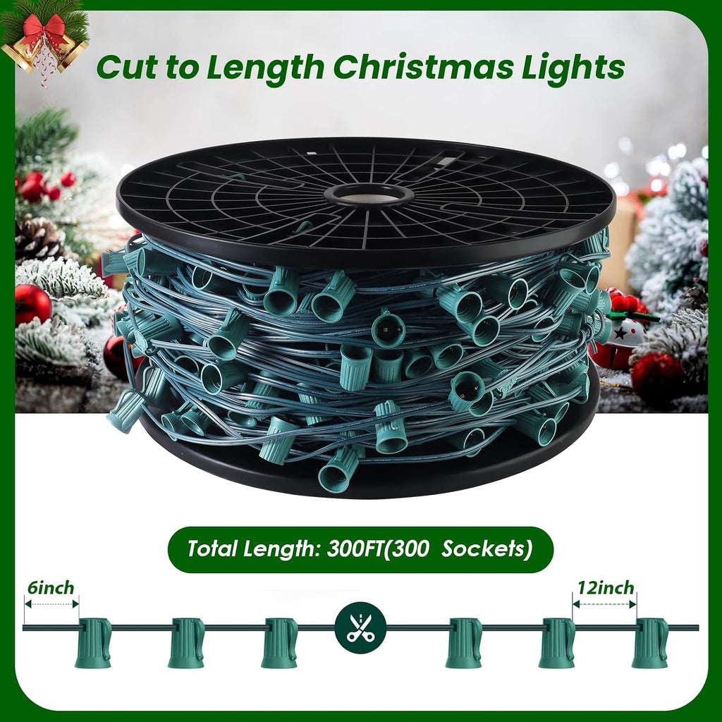 Commercial 300FT C9 Christmas Light Sockets Set Spool, Green Wire