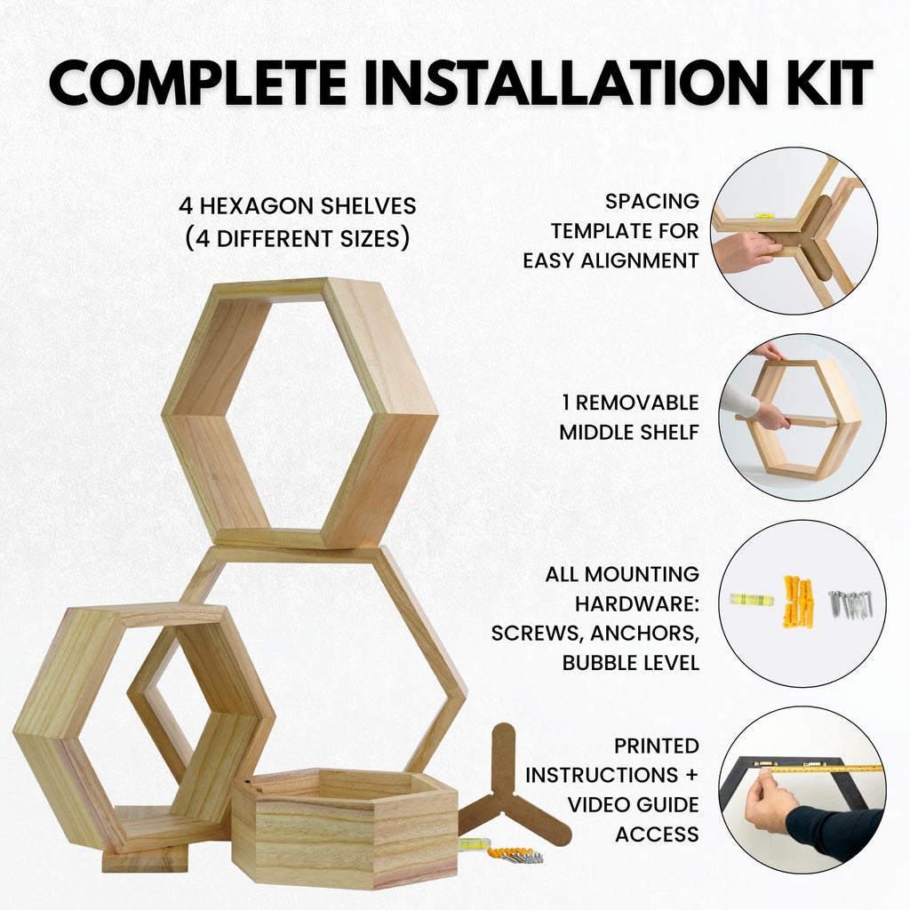 Hexagon Floating Shelves Set of 4 - Solid Wood Wall Mounted Shelves - Honeycomb Geometric Display Shelves - Natural
