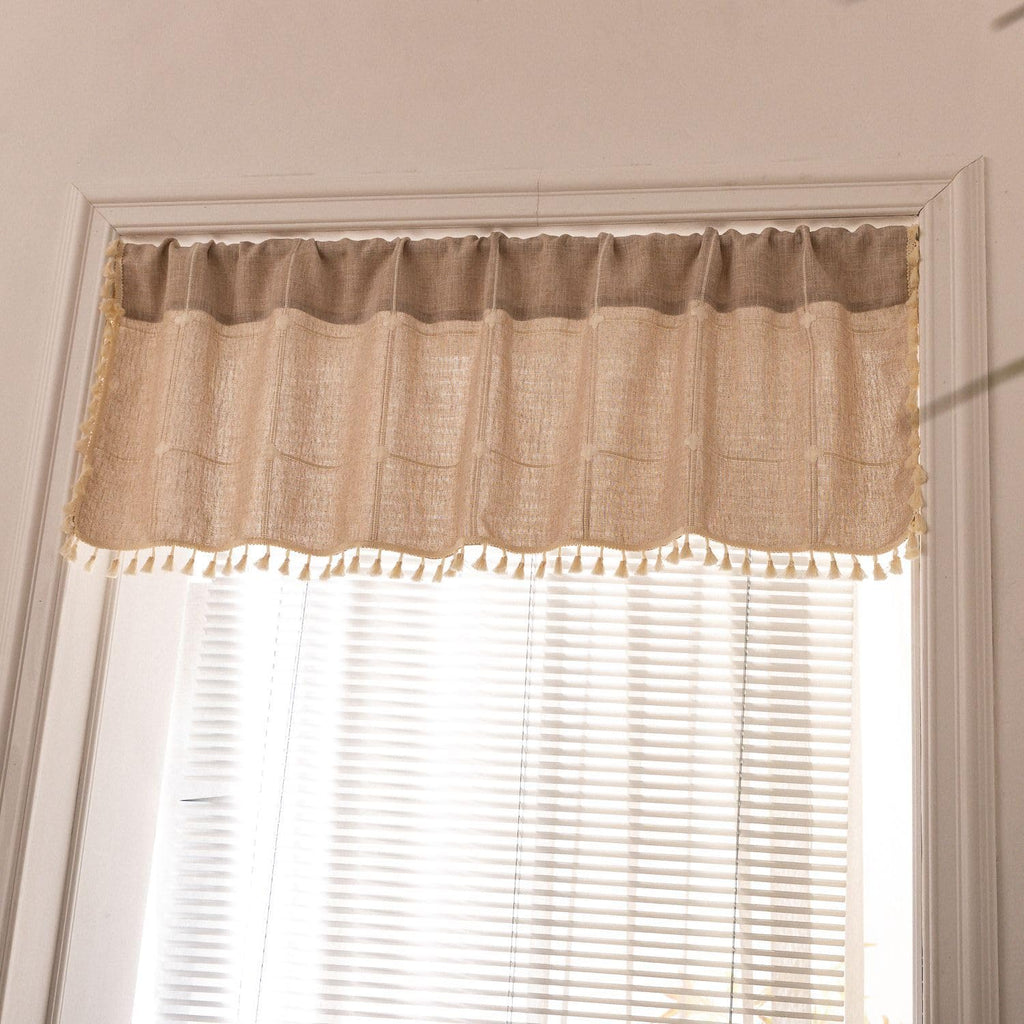 Boho Curtain Valance 18 Inches Length Bohemian Lattice Gingham Textured Embroidery Plaids, Vintage Chic Tassels