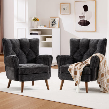 Chenille Wingback Accent Chairs Set of 2, Mid-Century Modern Living Room Armchair with Removable Cushions, High