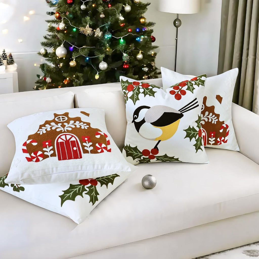 Christmas Pillow Covers 18x18 Inch, Cute Bird Decorative Throw Pillow Cover, Embroidered Square Pillowcases Winter