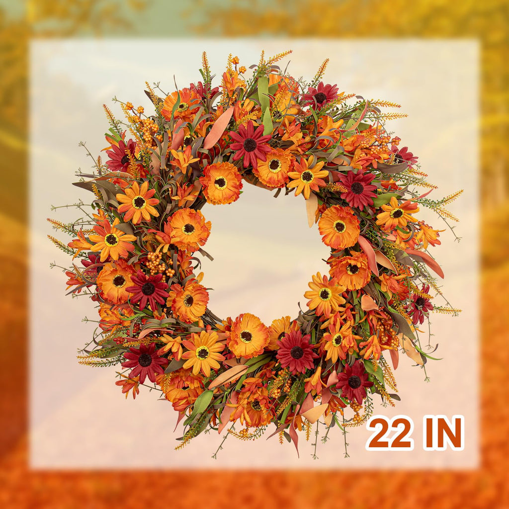 Artificial Fall Wreath 22 Inch Autumn Wreaths for Front Door Orange Daisy Wreath with Wildflowers Berries for Indoor