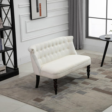 Fabric Loveseat with Wood Legs, Buton Tufted Settee, Cream White