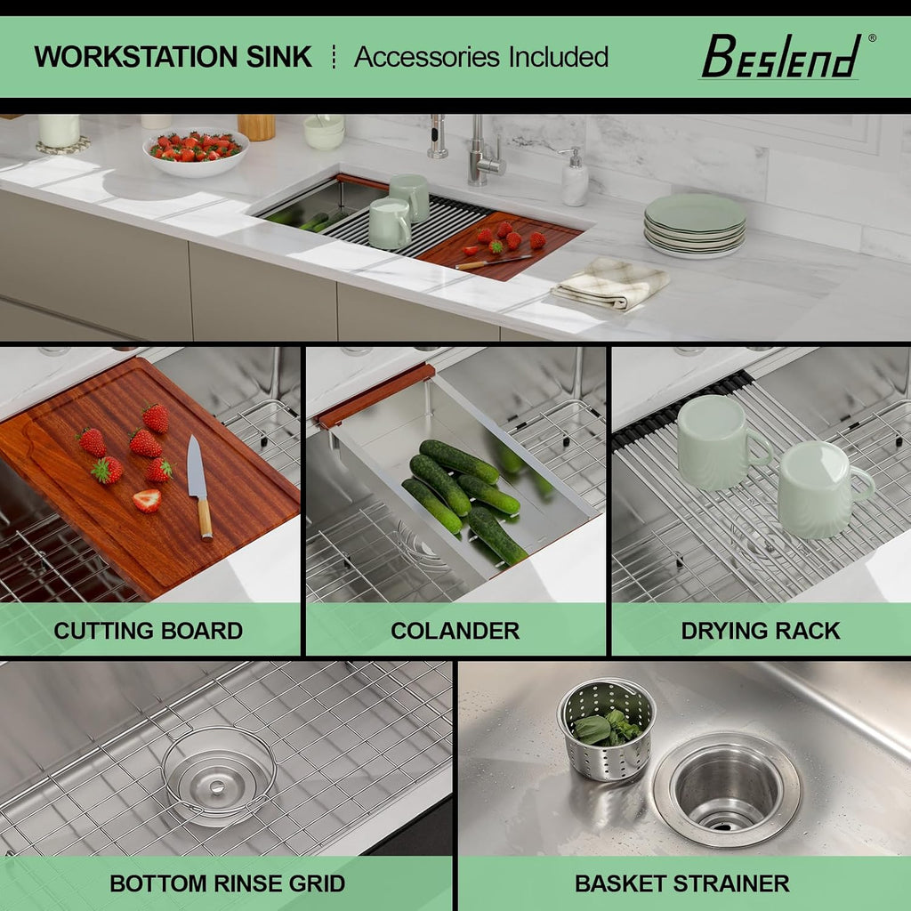 30 Undermount Workstation Kitchen Sink | Heavy-Duty 30x19x10 Stainless Steel 16 Gauge Single Bowl Workstation, Deep