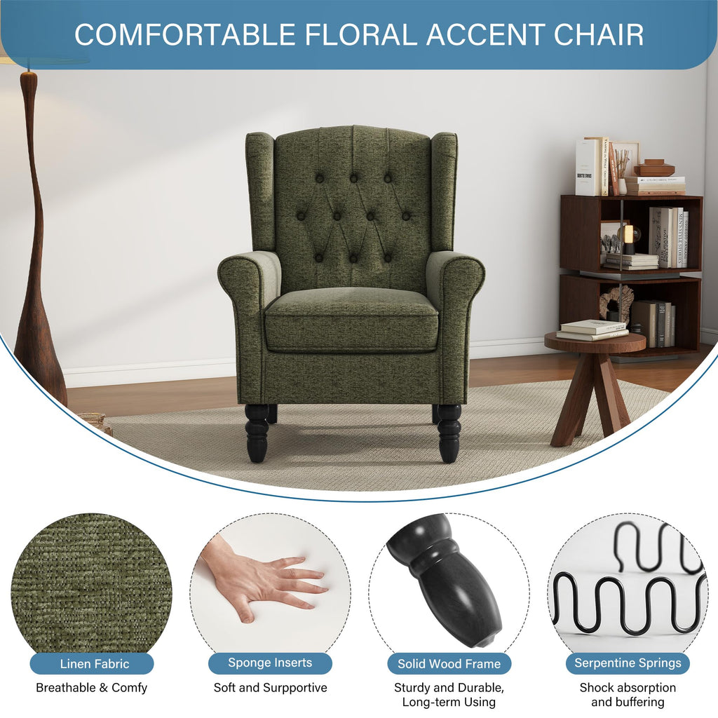 High Back Accent Chairs Set of 2, Wingback Armchair in Fabric, Green