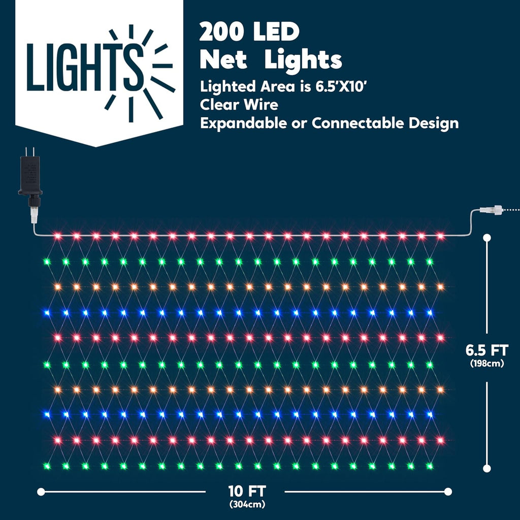 200 LED Christmas Net Lights, 6.5X 10FT Christmas Mesh Lights with 8 Modes, Connectable, Waterproof for Bushes Trees