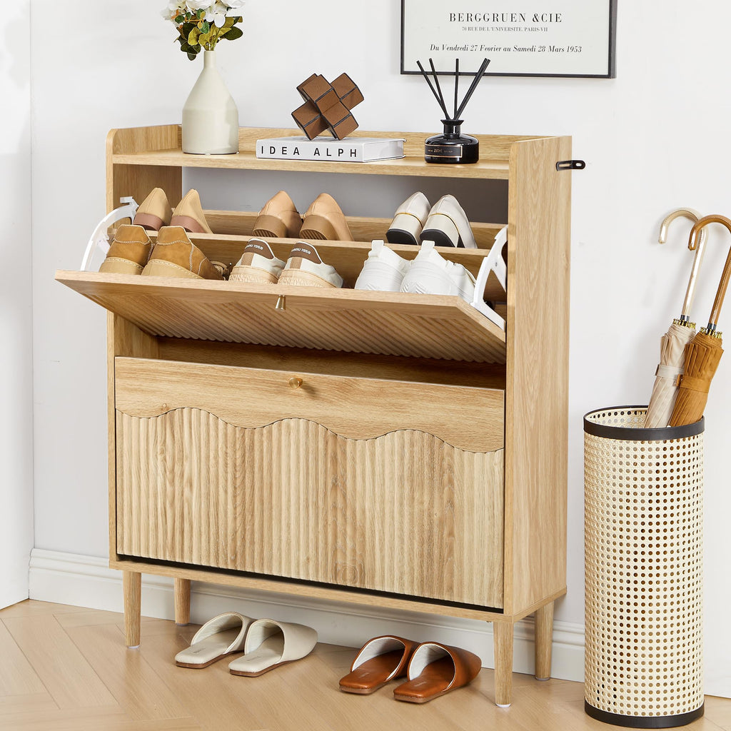 Oak 31.5" Fluted Shoe Storage Cabinet with 2 Flip Drawer