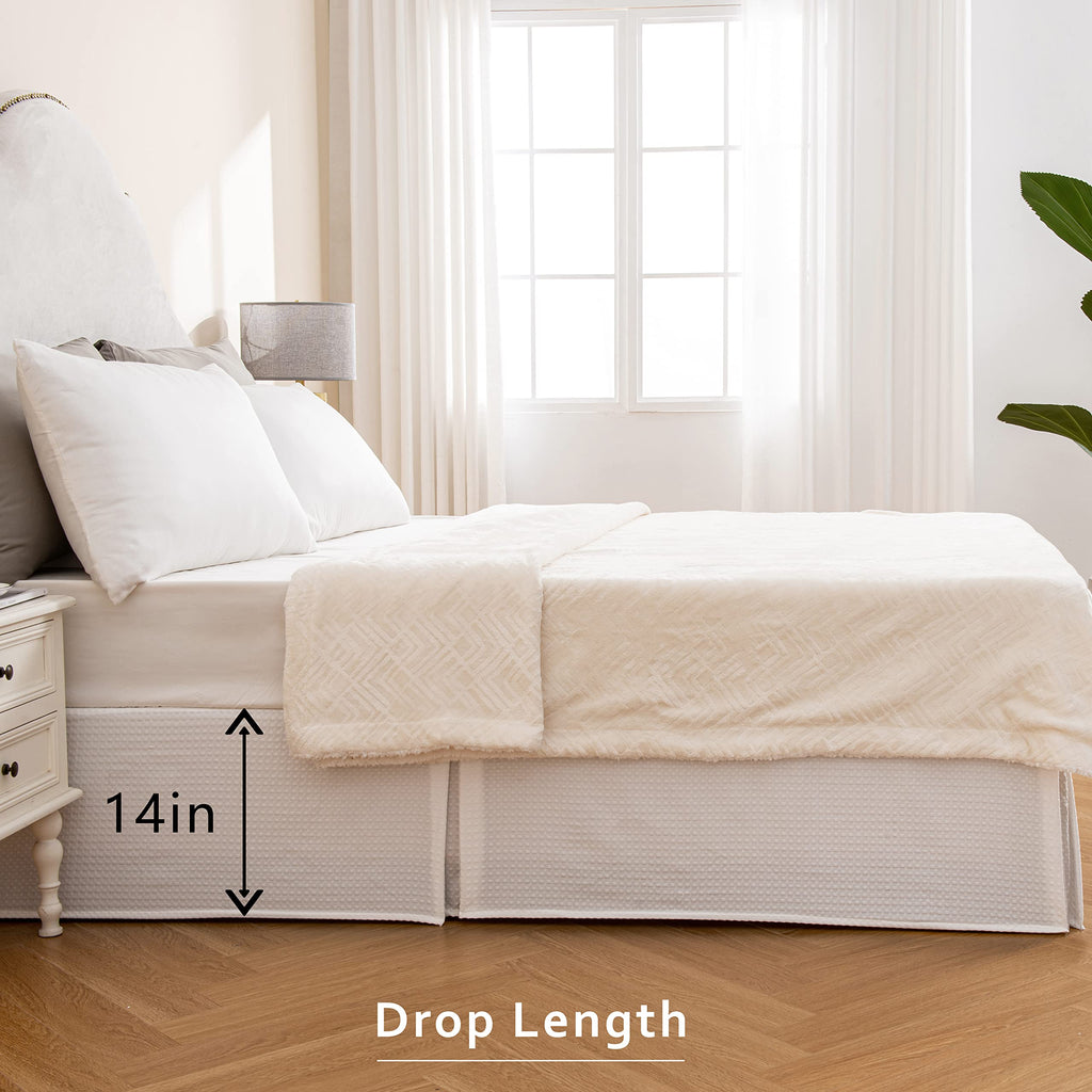 Pleated Waffle Weave Bed Skirt, Tailored Dust Ruffle 14 Inch Drop Easy Fit, Machine Washable, No Split Corners (White