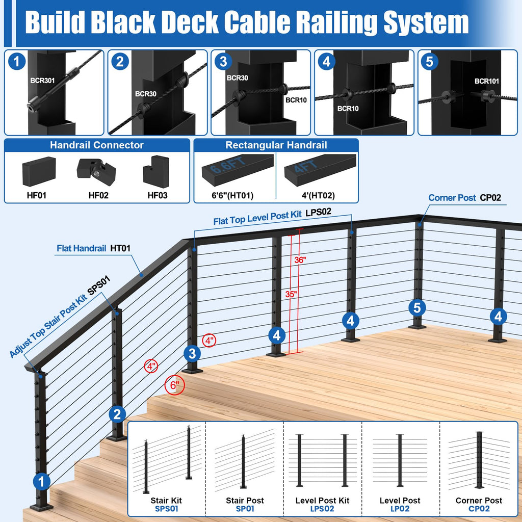 36" Cable Railing Corner Post(Post 35"x2"x2"), L-Drilled Corner Post with Flat Top Mount, Stainless Steel Black
