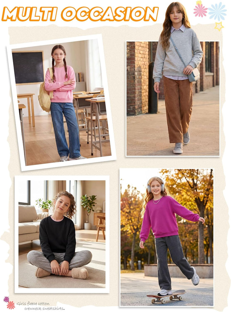 4 Pack Girls Fleece Cotton Sweatshirts Long Sleeve Casual Clothing