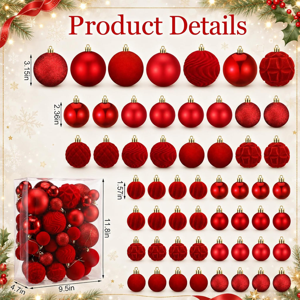 Red Velvet Christmas Balls Ornaments Set - Set of 56
