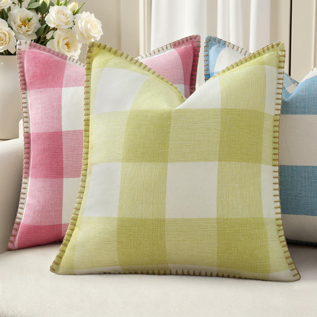 Fall Plaid Linen Throw Pillow Covers 18x18 Set of 2 Sage Green