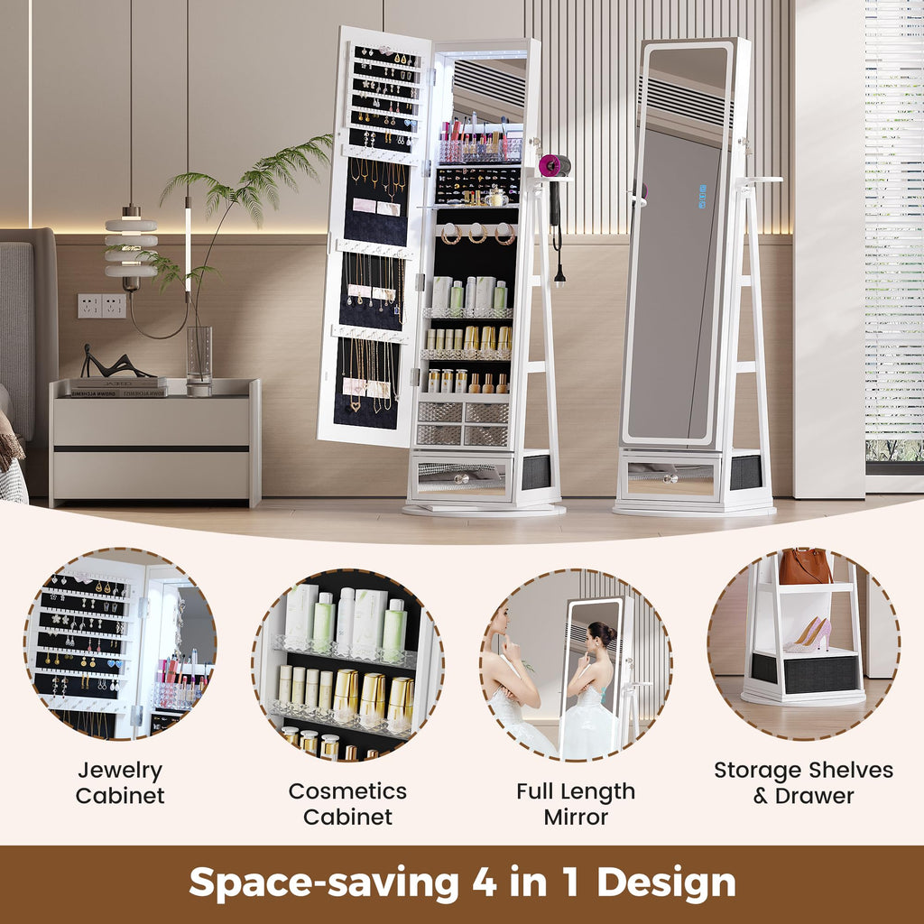 Jewelry Cabinet with LED Mirror, 360° Swivel & Remote Control, White