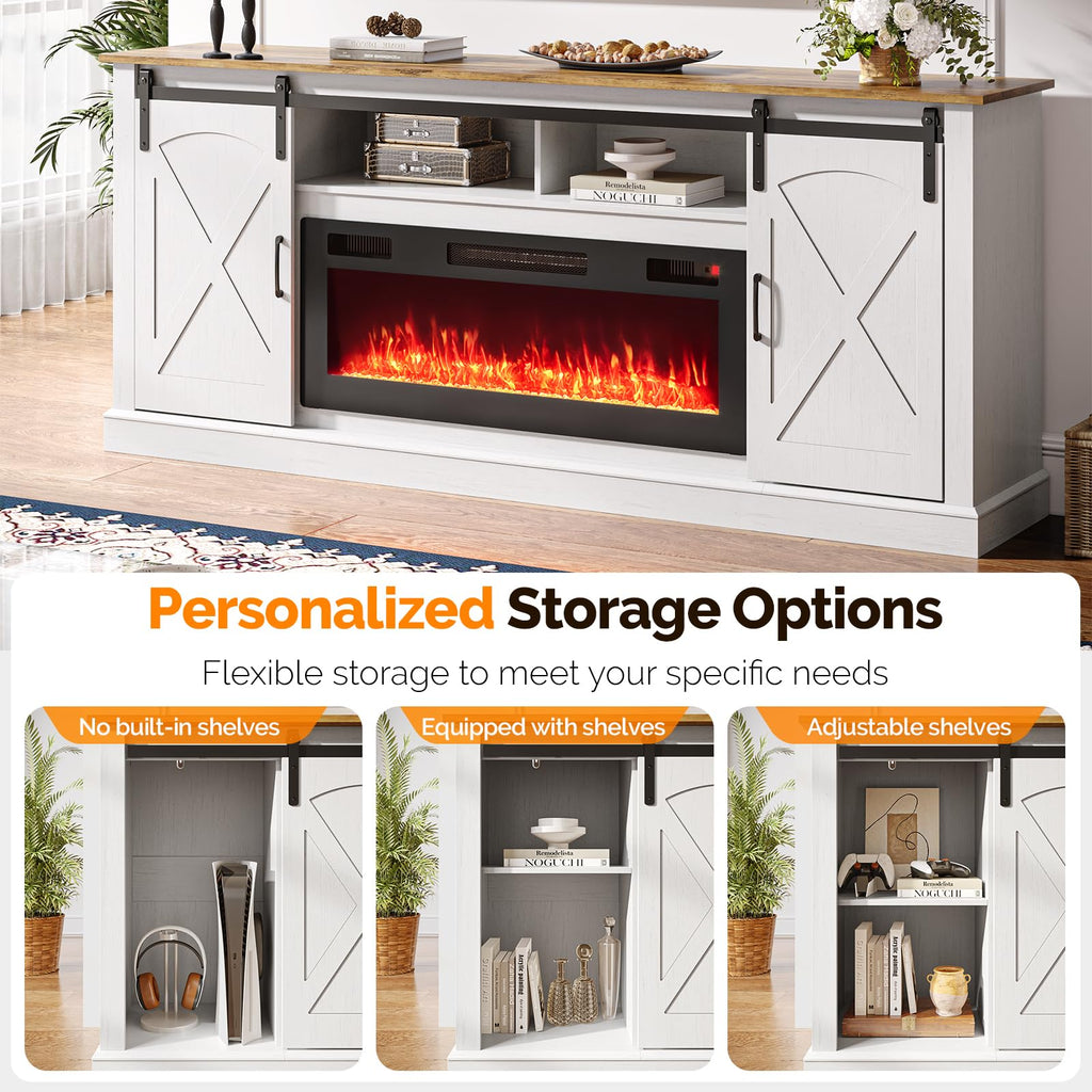 70" Fireplace TV Stand with Sliding Barn Door, Distressed White