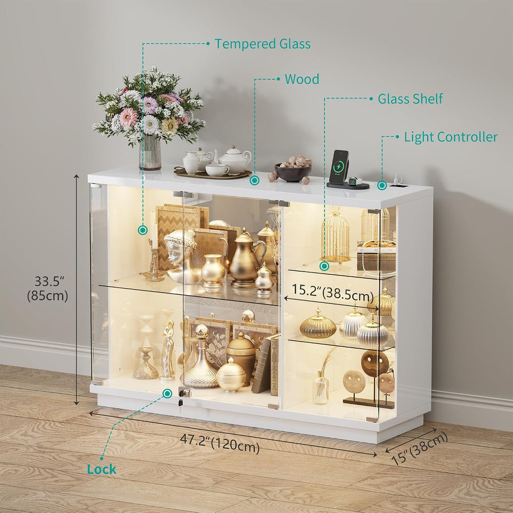 Lockable Display Cabinet with Glass Doors and LED Lights,White | 47.2" W Lighted Glass Display Cabinet with Glass