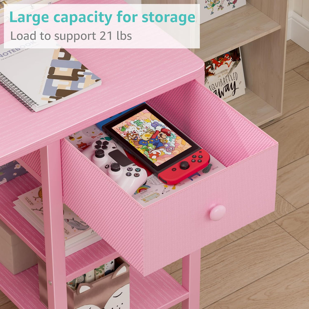 Pink Kids Desk and Chair Set for 6-12 Year Old, Children Study Desk with Hutch and Storage Shelf, Student Writing