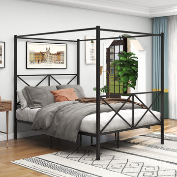 Queen Canopy Bed Frame, Metal Canopy Beds with 4 Poster Design and Geometric Accented Headboard and Footboard, No Box