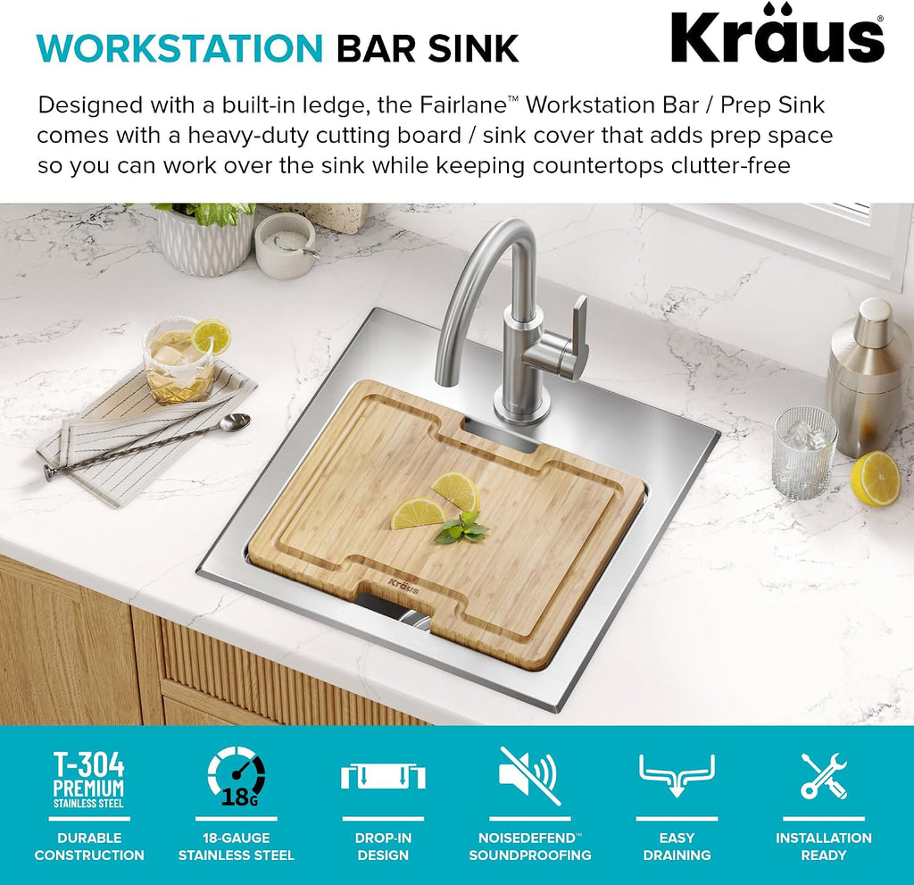 Fairlane 15 in Drop In/Top Mount Workstation Single Bowl 18-Gauge Stainless Steel Bar Kitchen Sink with Accessories