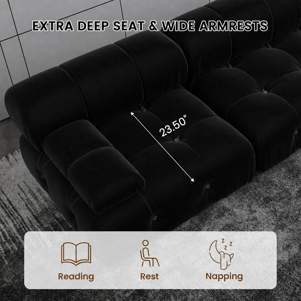 Convertible Modular Sectional Sofa, Modern Velvet Straight 3-Seater Couch (104 in/Black)
