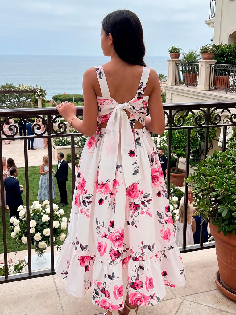 Floral Girls Summer Dress Maxi Flowy Tie Back Spring Kids Birthday Party Sundress