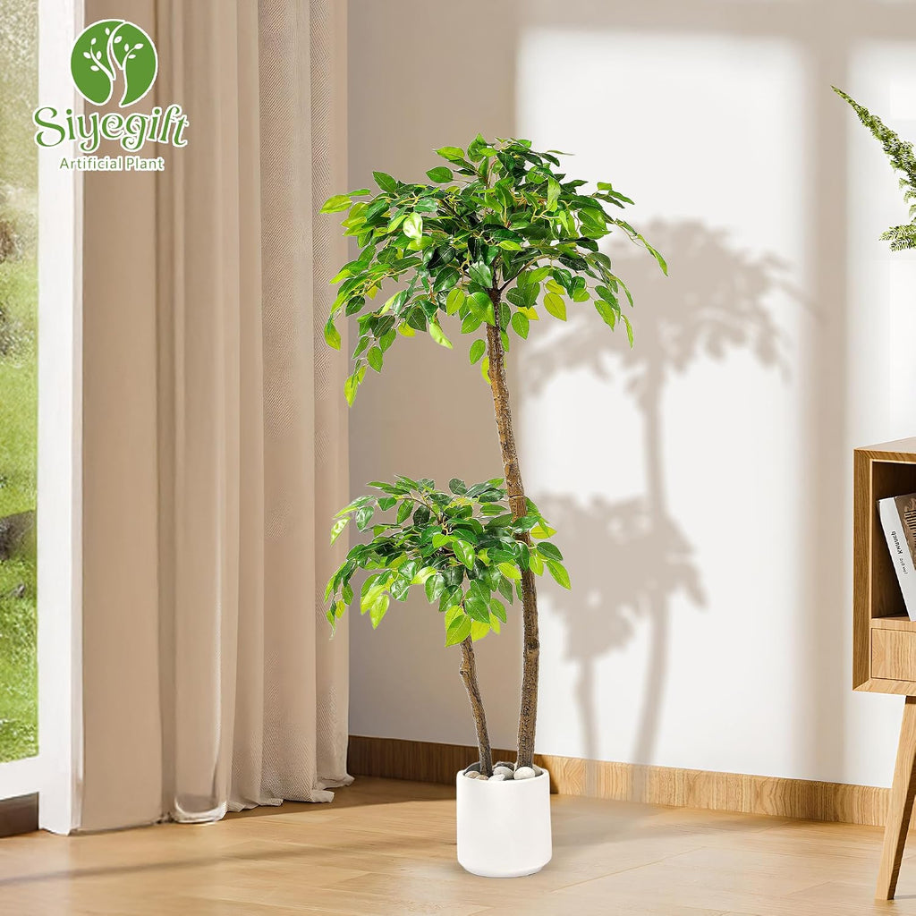 4FT Artificial Ficus Tree with White Planter, Moss and Pebbles