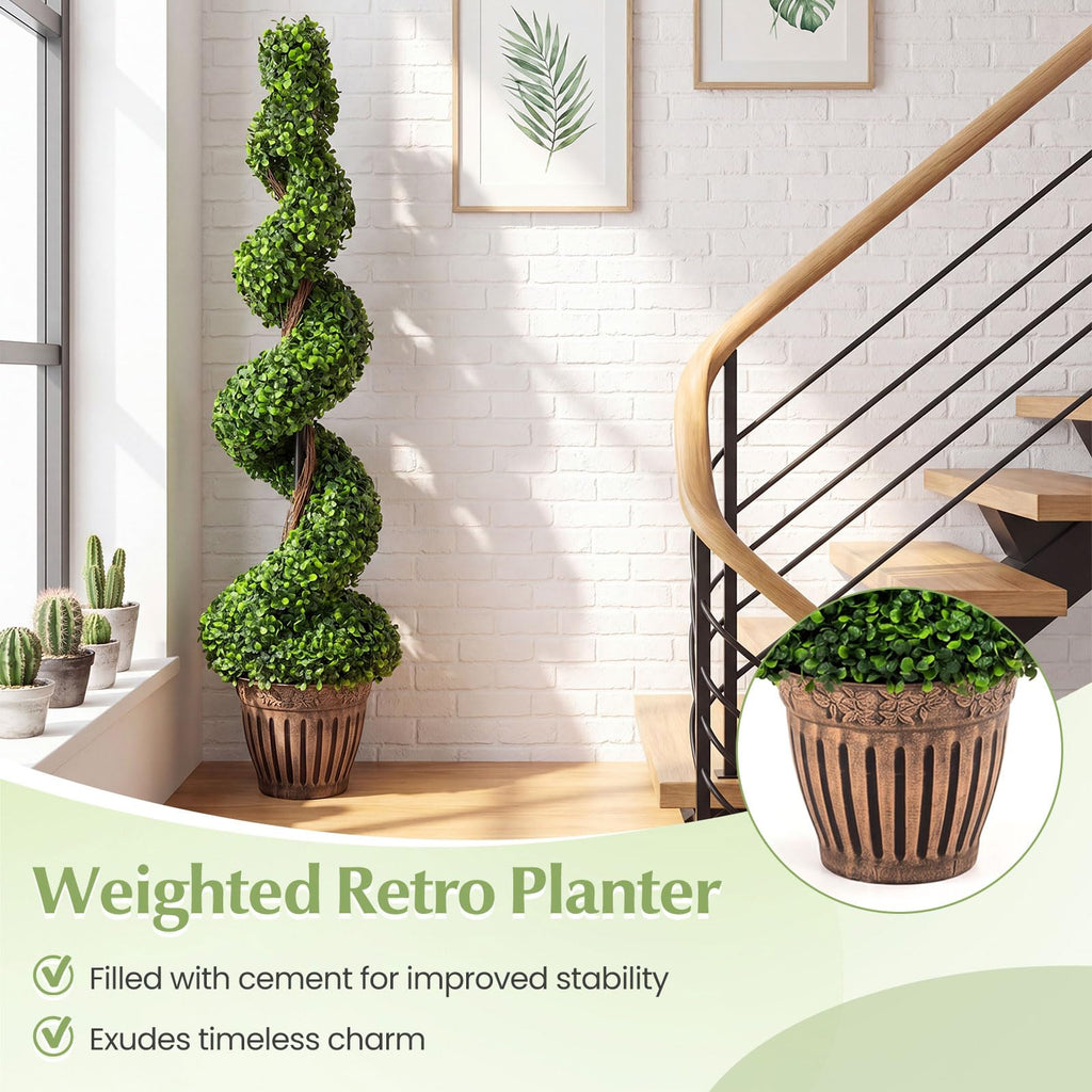 4 Ft Artificial Boxwood Spiral Topiary Tree, Fake Greenery Plants, Leaves & Cement-Filled Plastic Flower Pot
