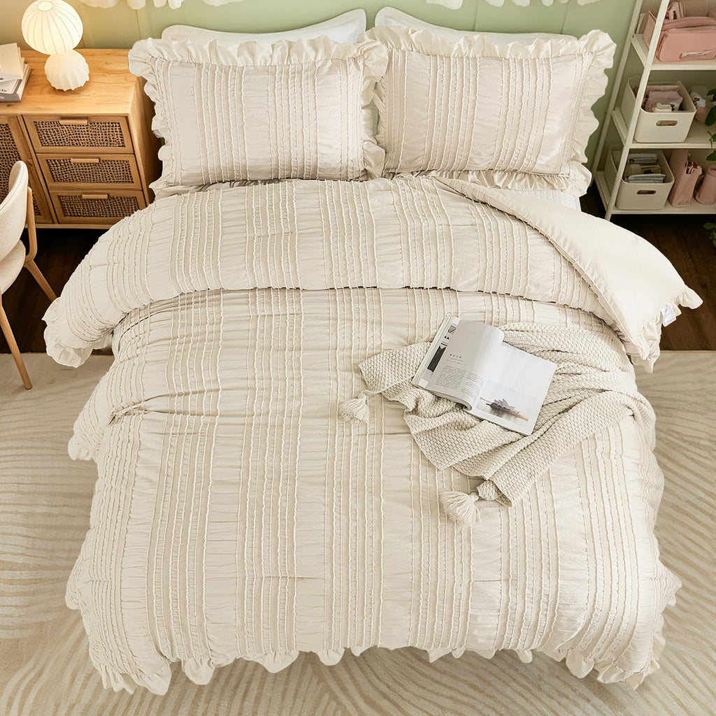 Beige Ruffle Comforter, Boho Shabby Chic Bedding for Bed, Soft Seersucker Farmhouse Bedding Set with 1