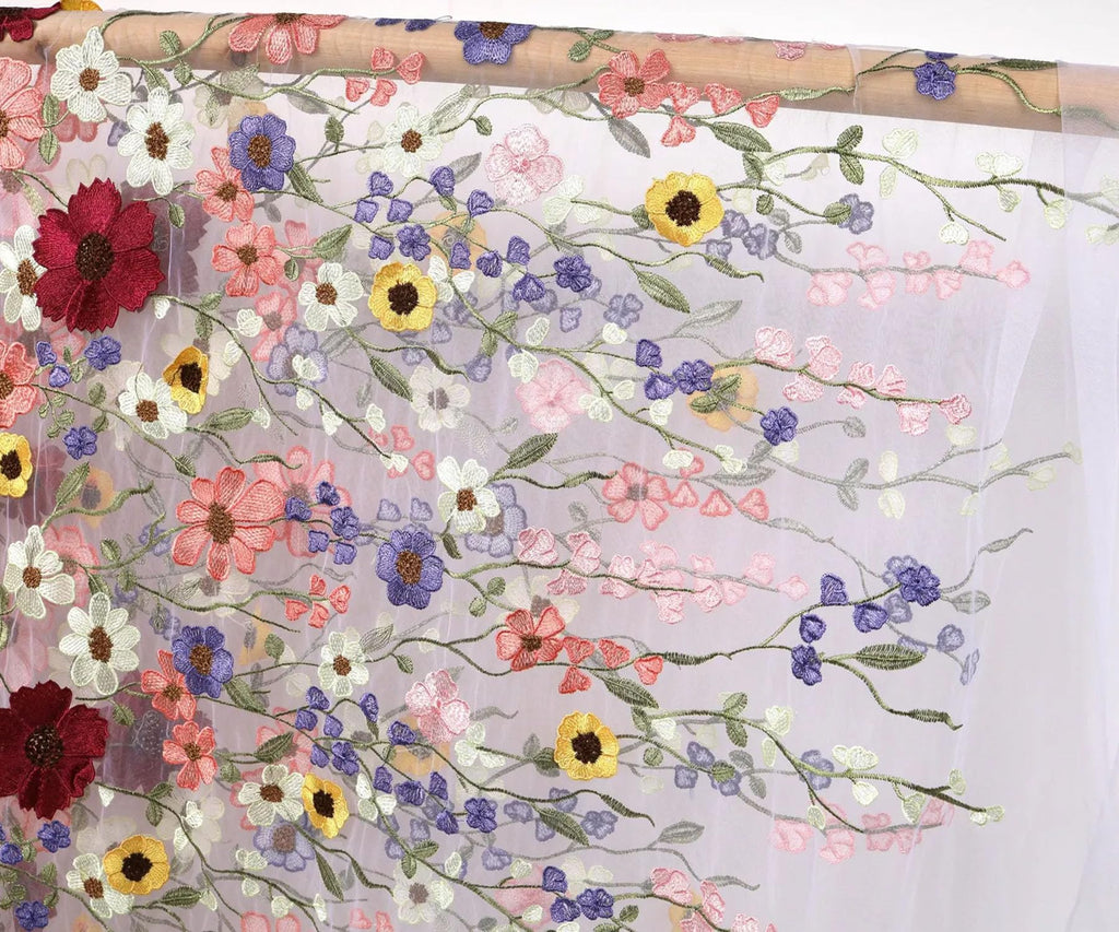 Multicolor 3D Flowers Embroidery Lace Fabric (White Background, 1 Yard)